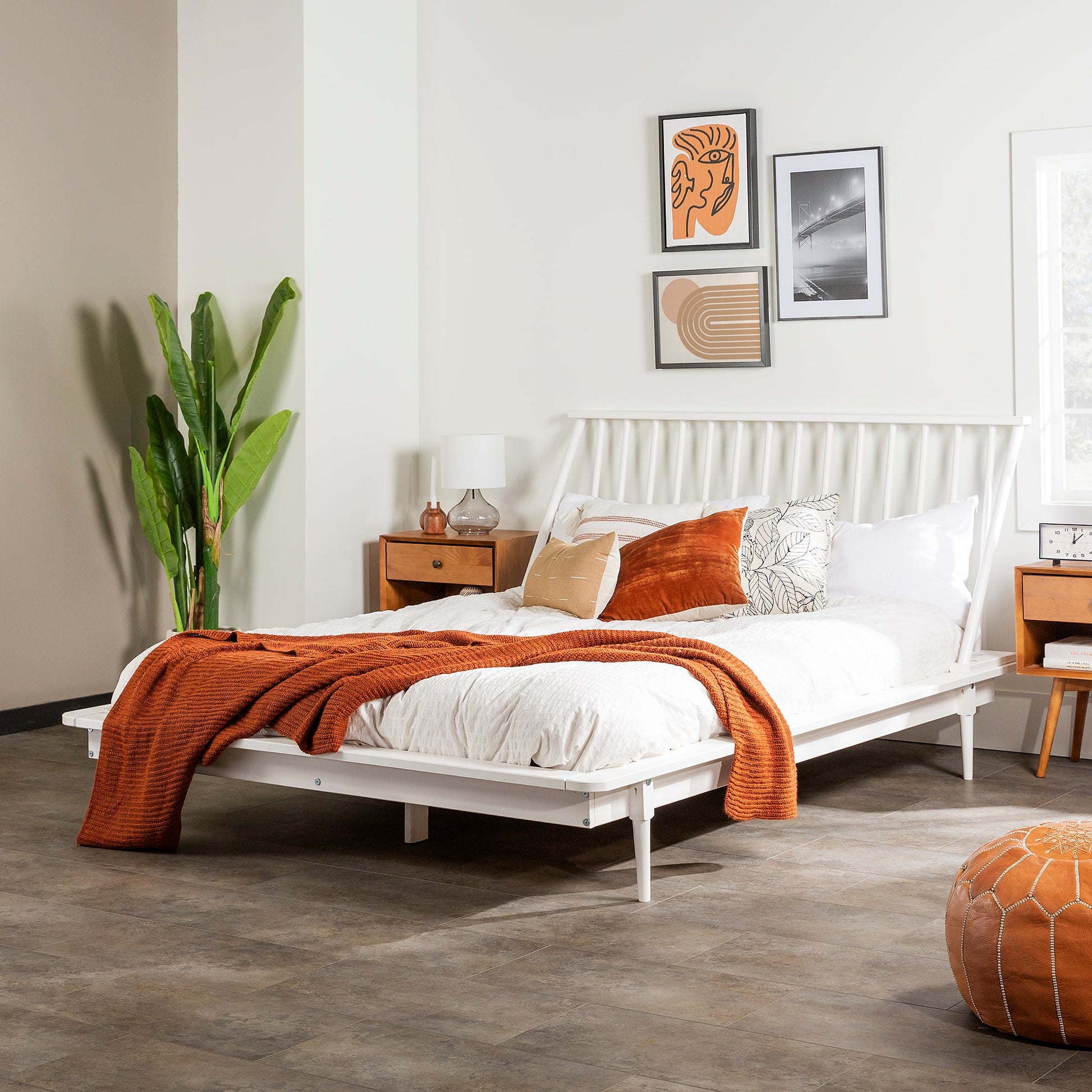 Morgan Mid-Century Modern Solid Wood Queen Platform Bed Frame with Spindle Headboard - White