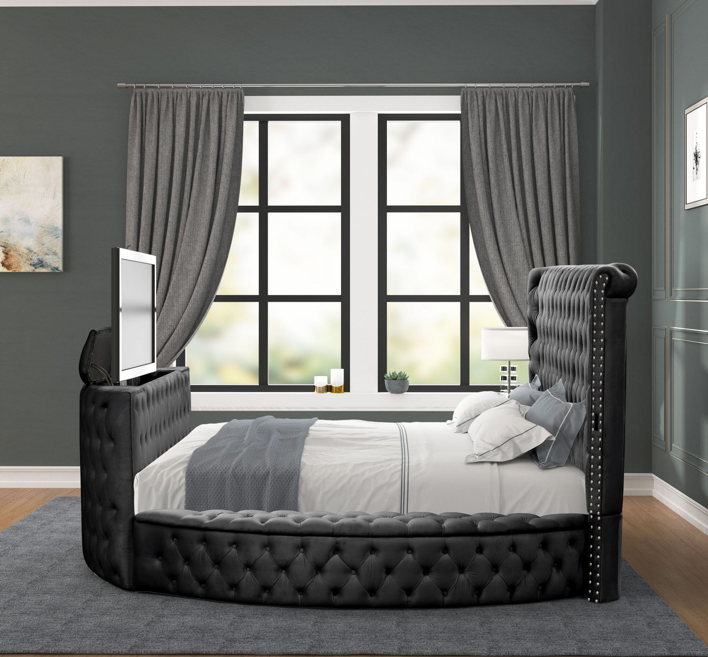 Maya Modern Style Crystal Tufted King Bed Made with wood in Black