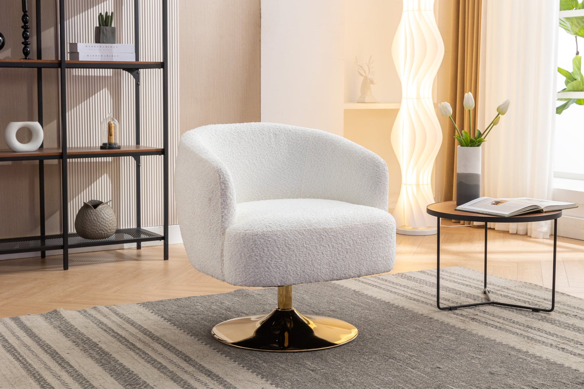 Chenille Fabric White Accent Swivel Chair With Gold Metal Round Base