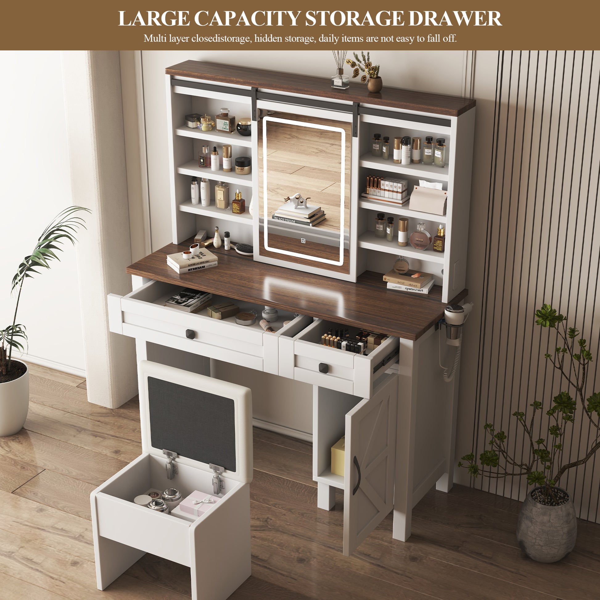 Leocadia Farmhouse Makeup Vanity Desk with Sliding Mirror and Lights