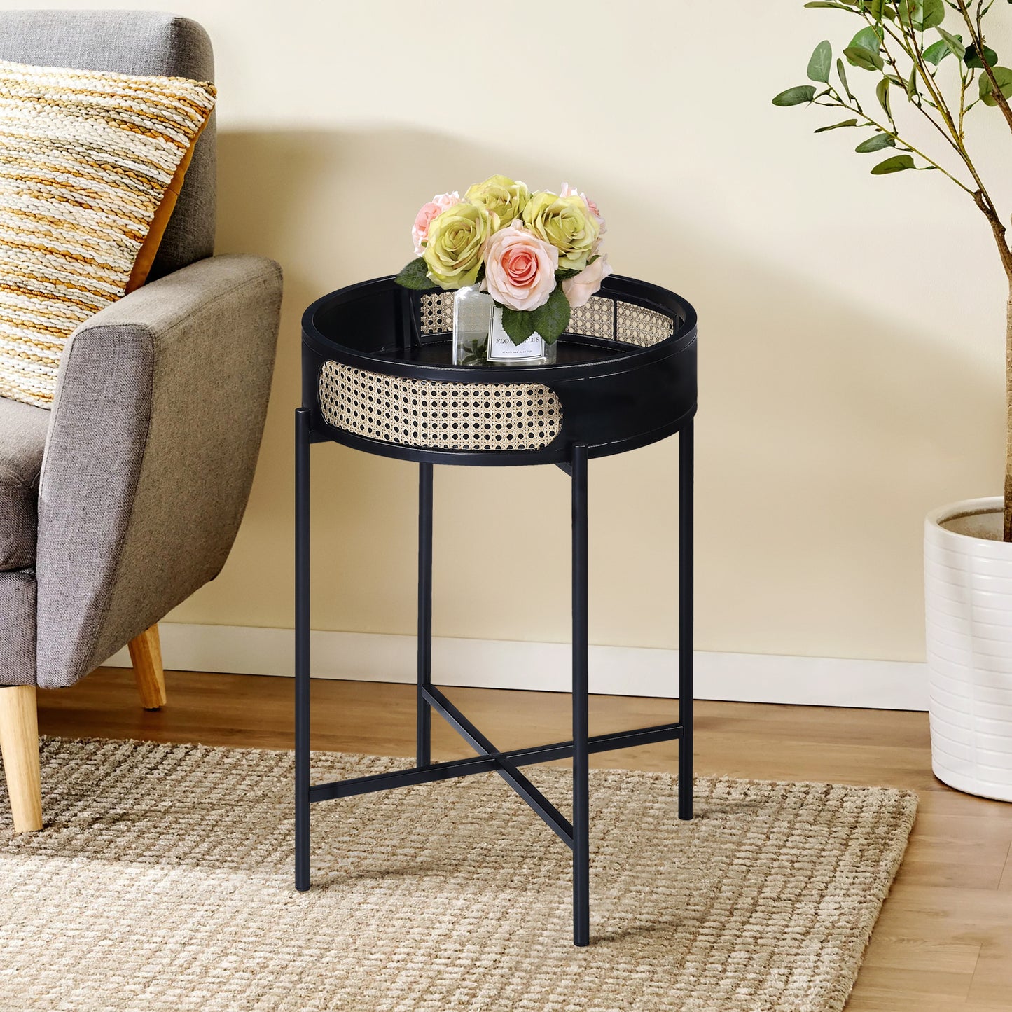 Black End Table with Tray Top