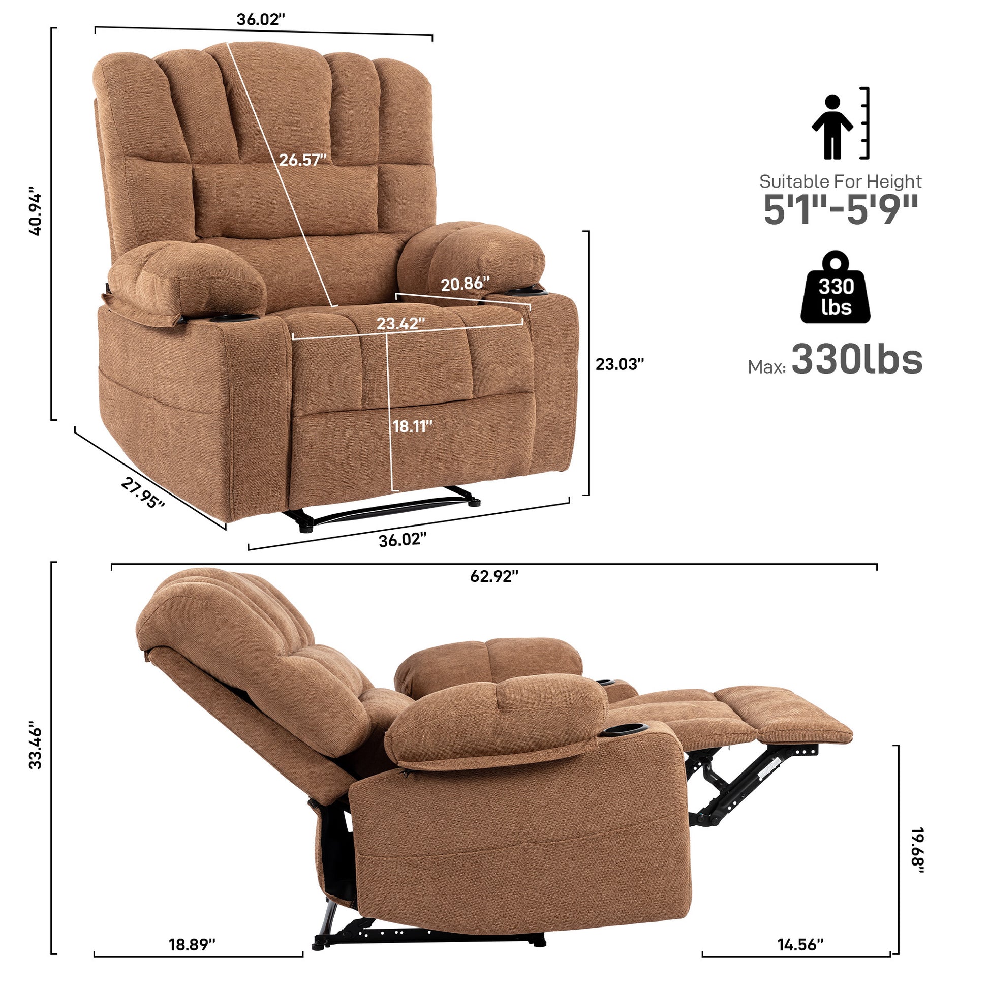 Trinny Chenille Recliner with Heat & Massage, Brown