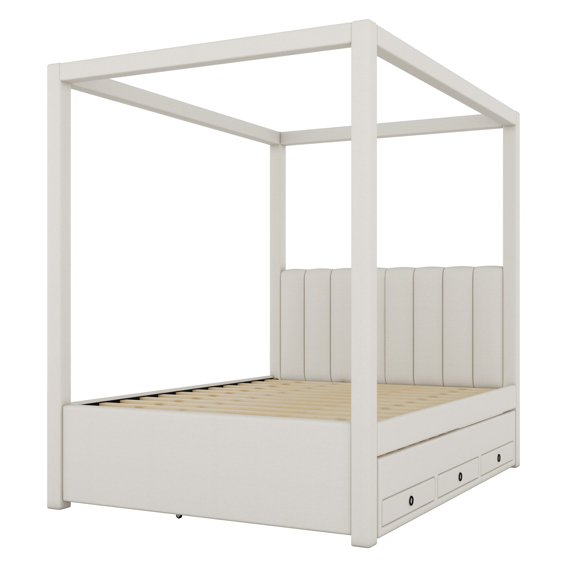 Nami Canopy Platform Bed with Trundle and Three Storage Drawers, Beige