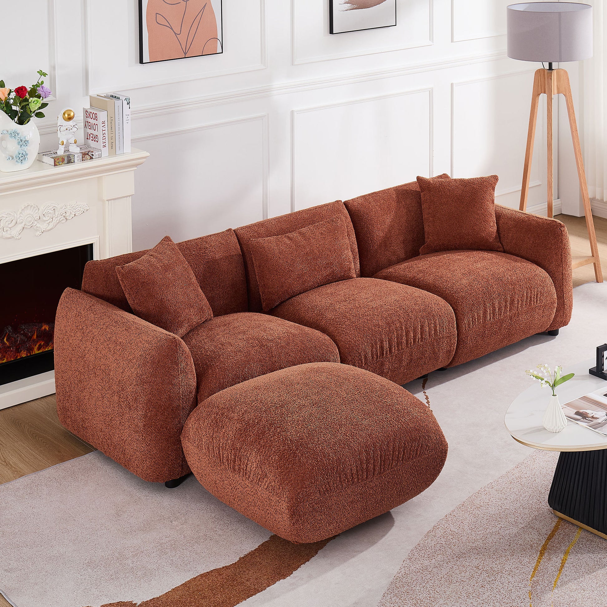 Marigold Mid-Century Modern Orange Boucle Sofa & Ottoman