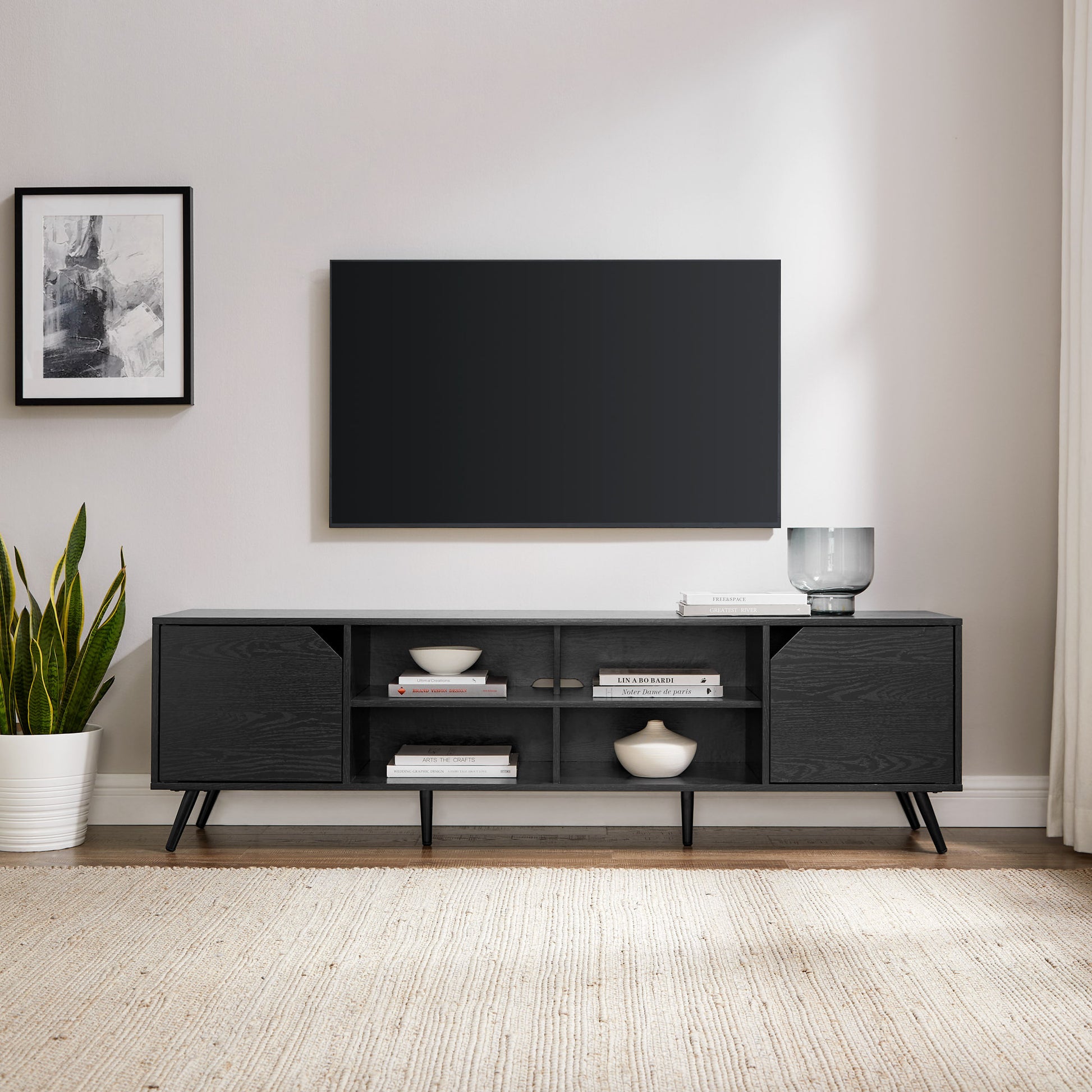 Helena Contemporary 2-Door Minimalist TV Stand for TVs up to 80 inches – Black