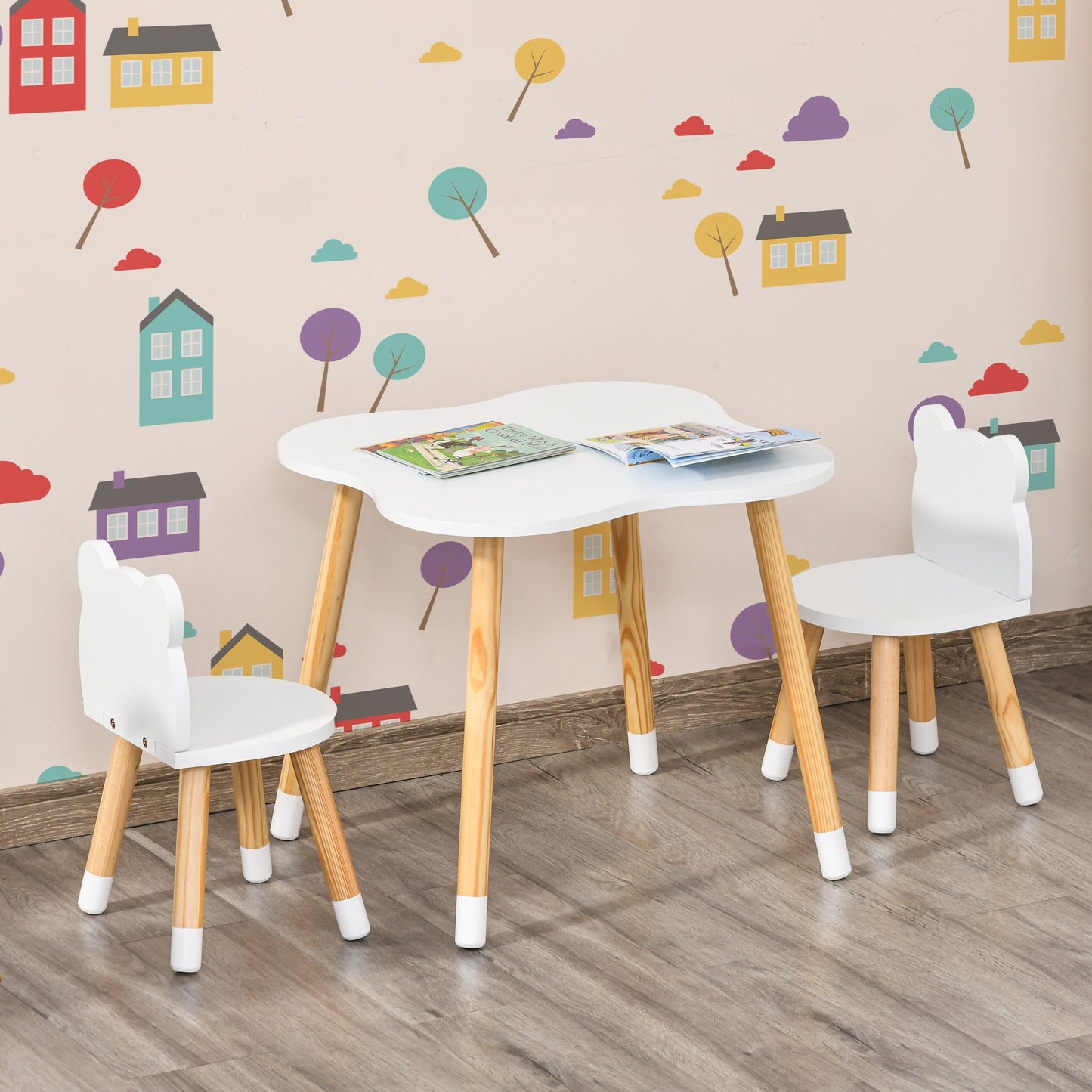 3-Piece Wooden Kids Table & Chair Set, White & Natural