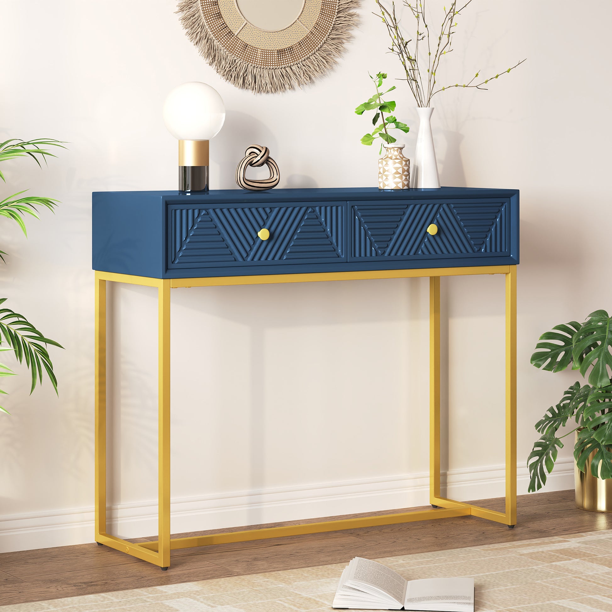 Jessalyn Modern 2-Drawer Console Table with Gold Legs, Navy