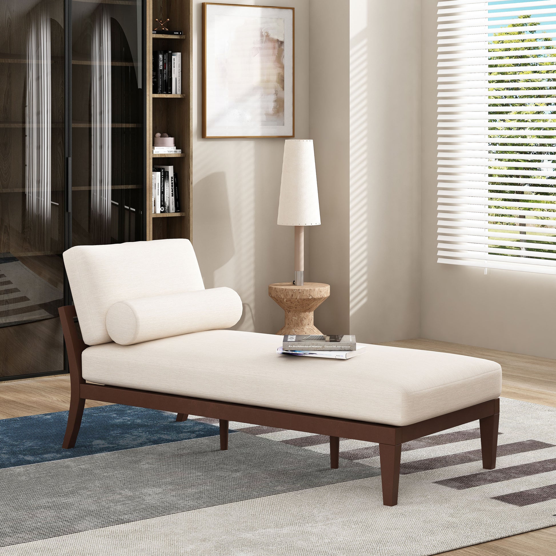 Lucille Mid-Century Modern Chaise Lounge, Beige & Brown