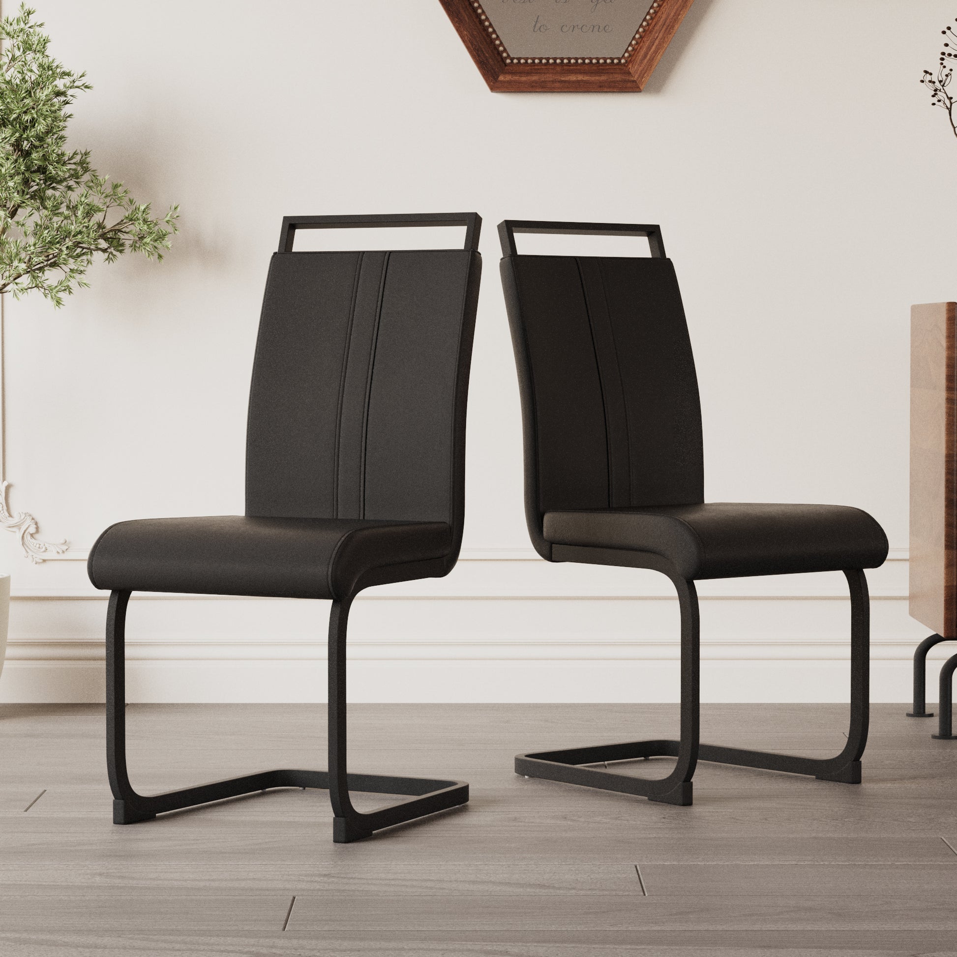 Astrid Modern PU Leather Side Chairs with Black Legs Set of 2 , Black