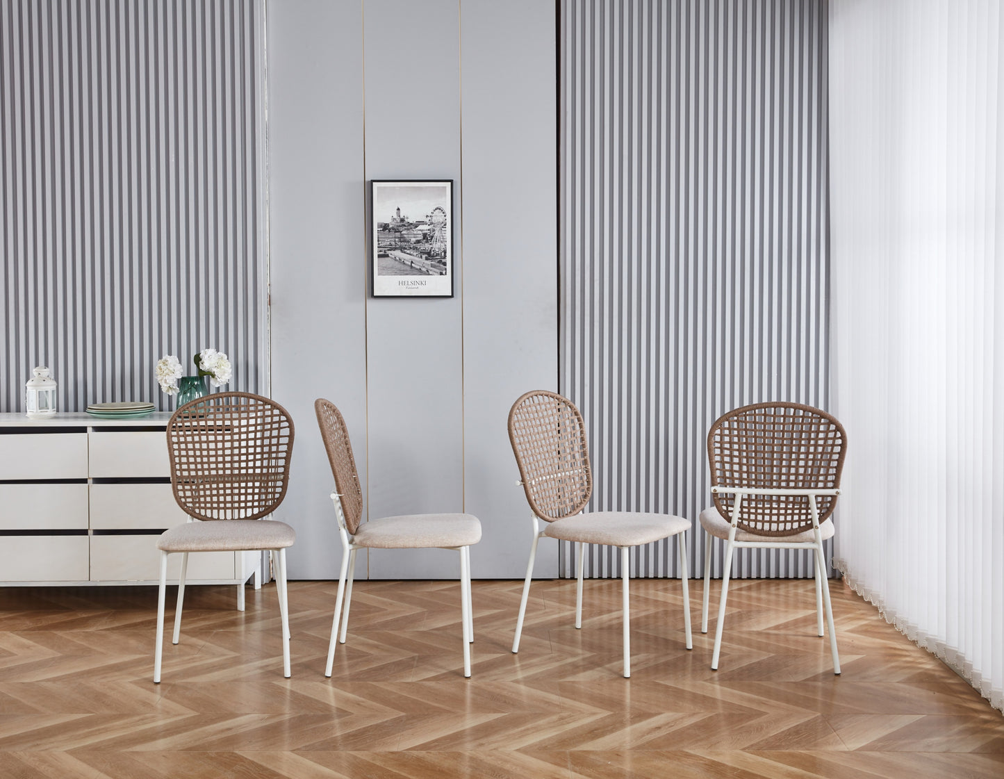 Persis Sennit Chairs with White Legs Set of 4 Beige