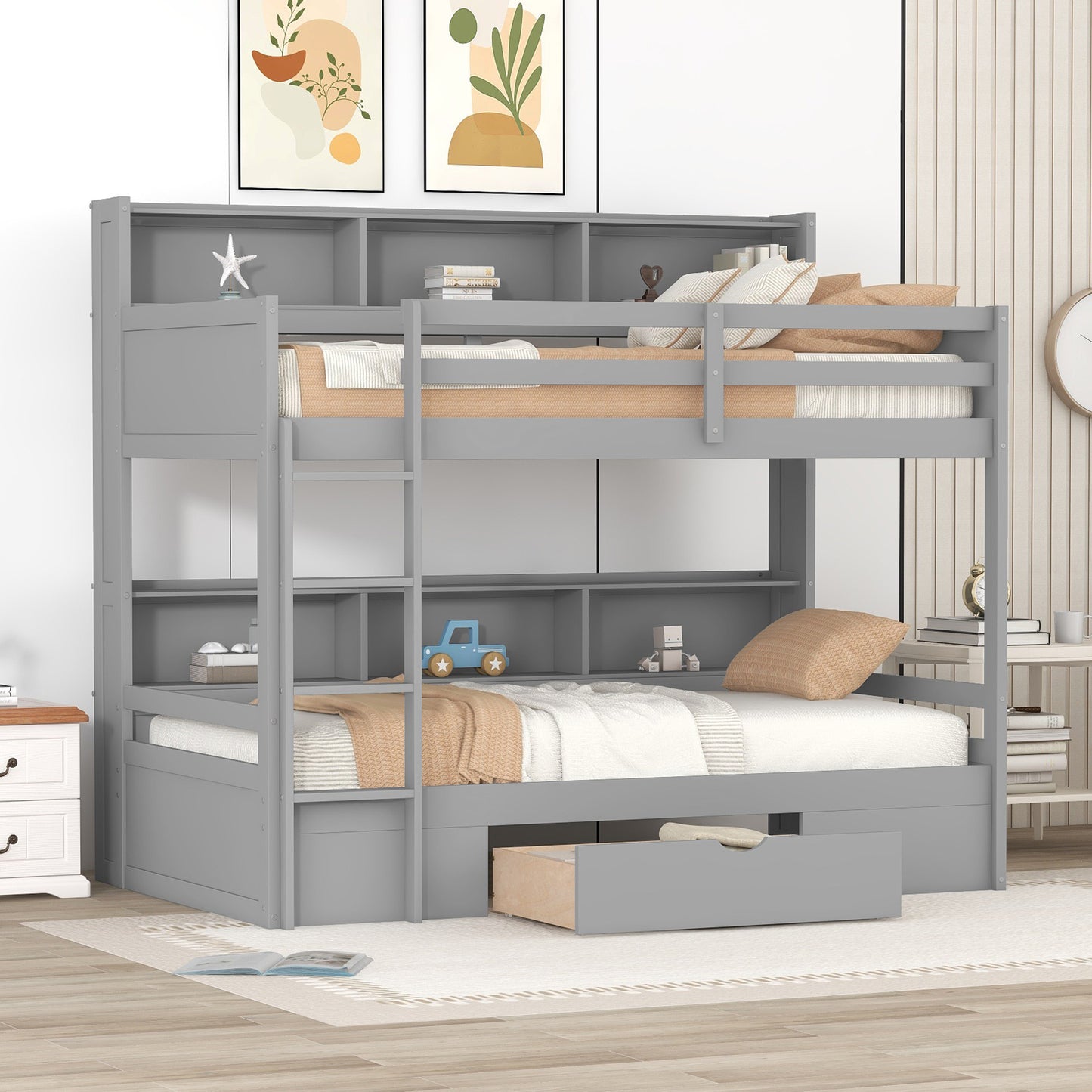 Harris Twin Size Bunk Bed with Built-in Shelves, Gray