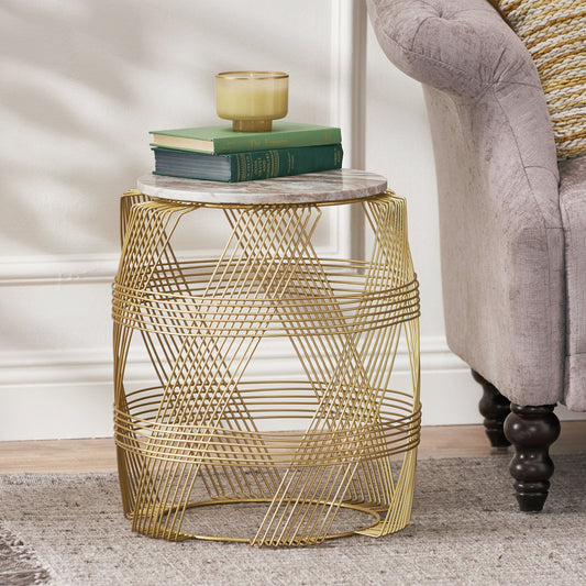 Bodhi Modern Marble Top Round Mesh Side Table, Gold