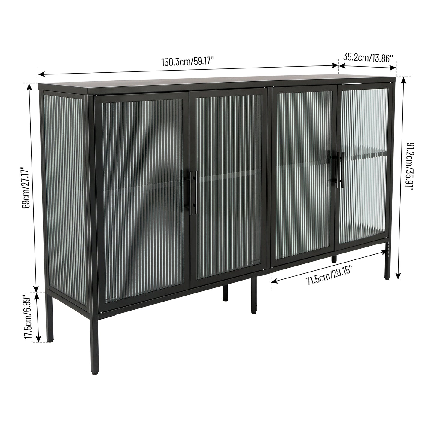 Zane 4-Door Metal Cabinet with Tempered Glass Doors, Black