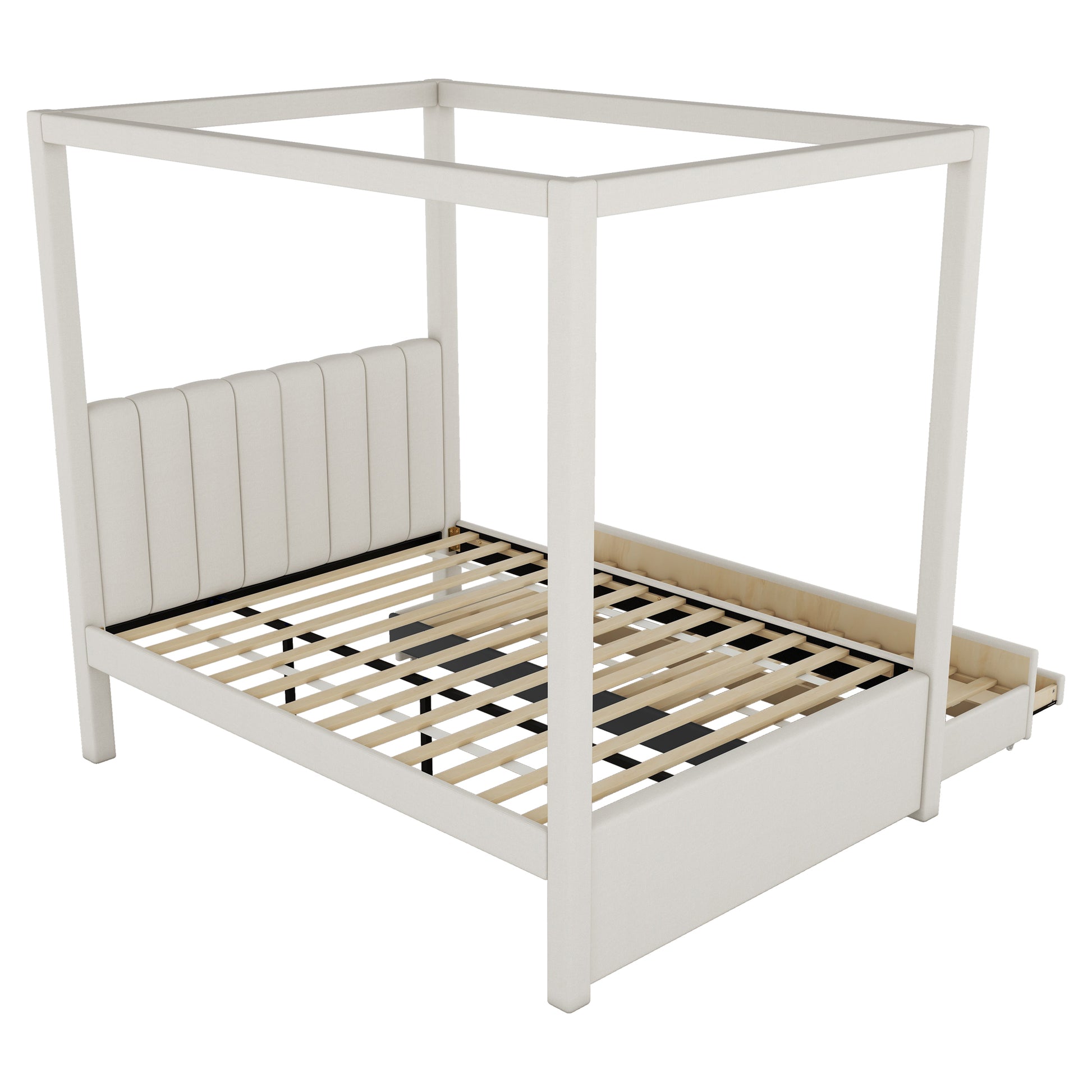 Nami Canopy Platform Bed with Trundle and Three Storage Drawers, Beige