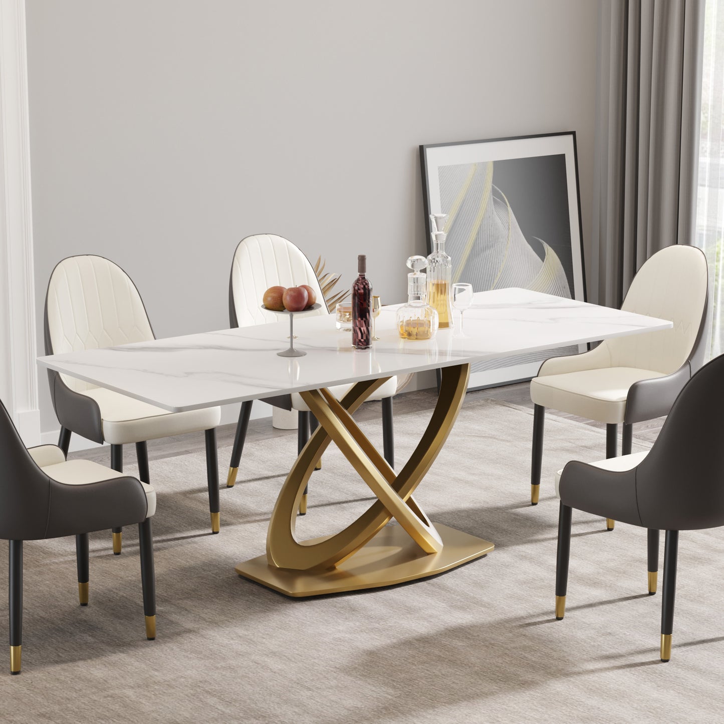 Seren 78.8" Contemporary Sintered Stone Double Ring Dining Table, White & Gold