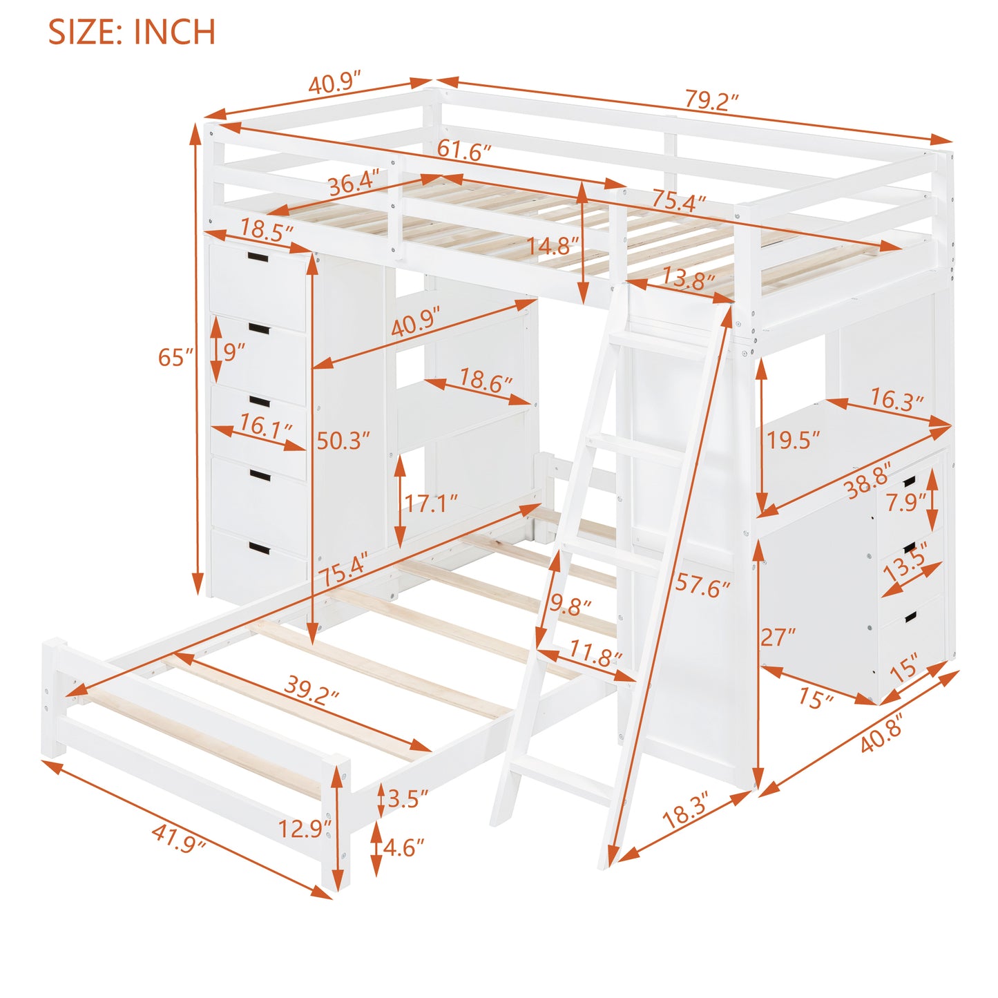 Ward Twin over Twin Bunk Bed with LED Light and USB Ports, White