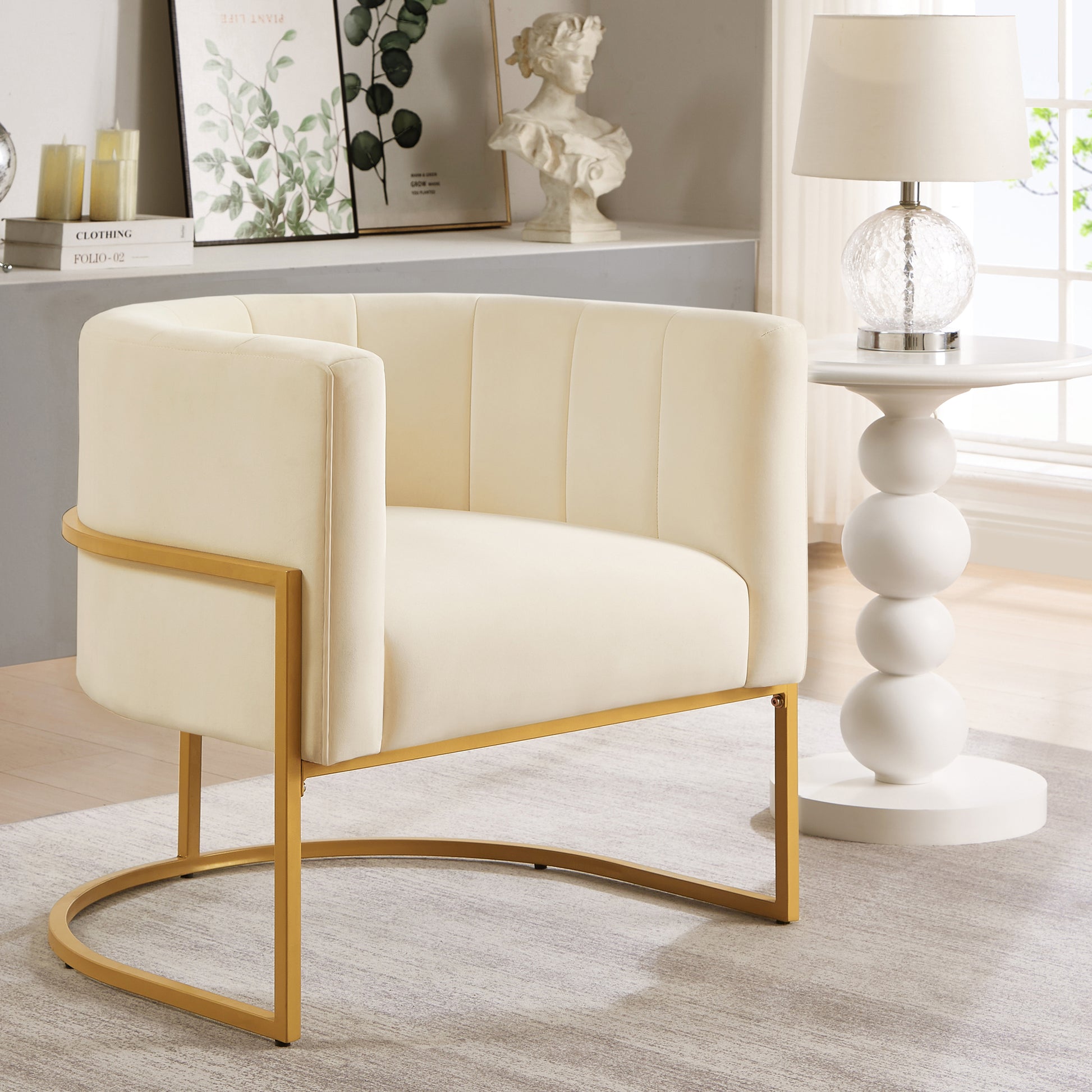 Fern Cream Upholstered Velvet Accent Chair with Golden Metal Stand and Curved Backrest