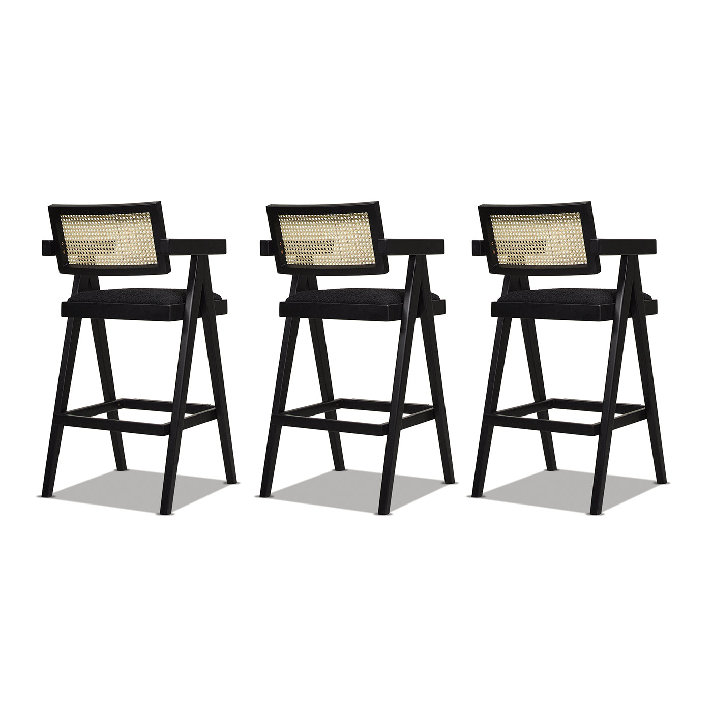 Milan 29.5' Modern Resin Webbing Back Bar Stool with Arms, Set of 3, Ebony Black Boucle