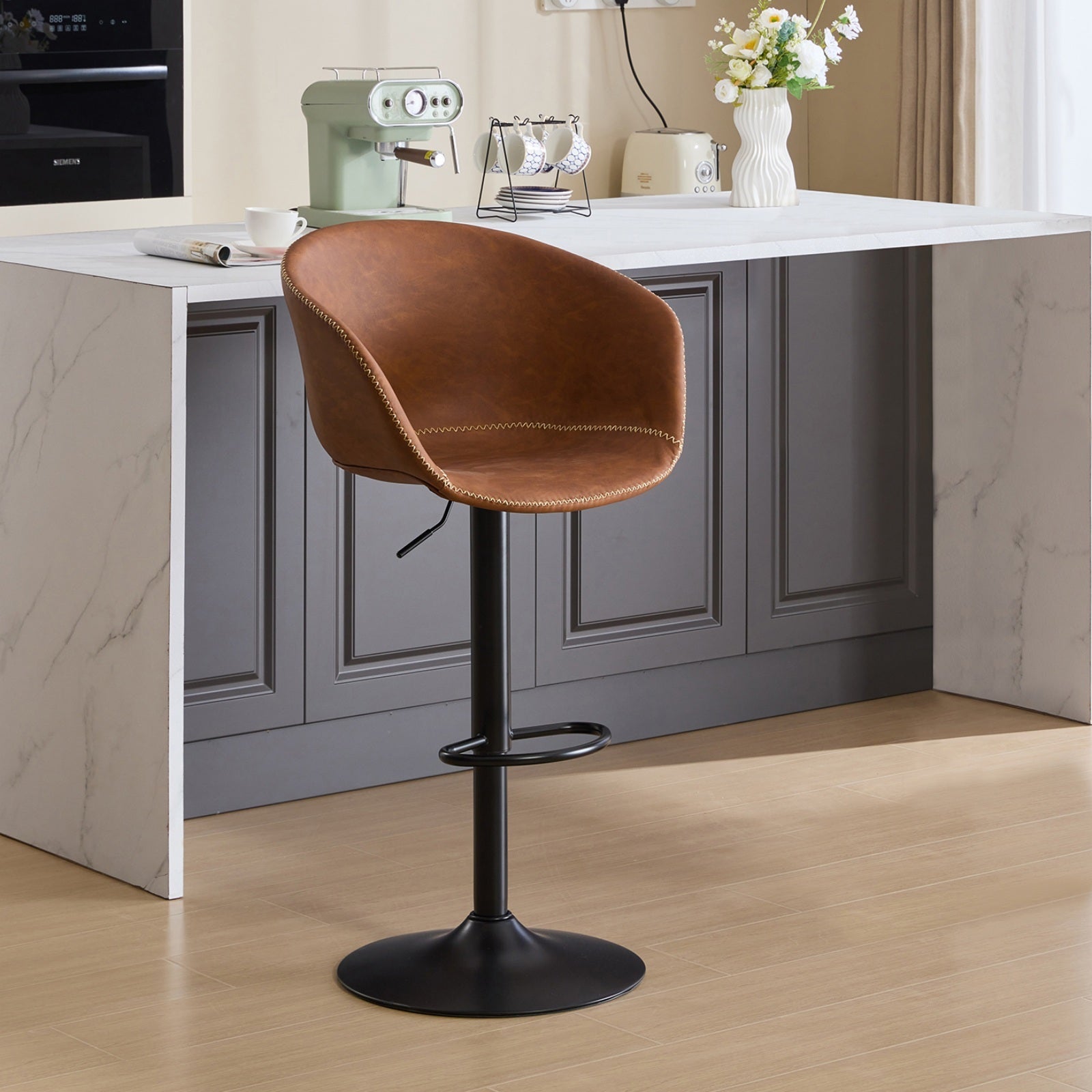 Minimalist Charm Brown Adjustable Swivel Bar Stools in Mid-Century Modern Faux Leather