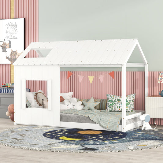 Twin Size House Bed with Roof and Window - White Old SKU: WF296897AAK