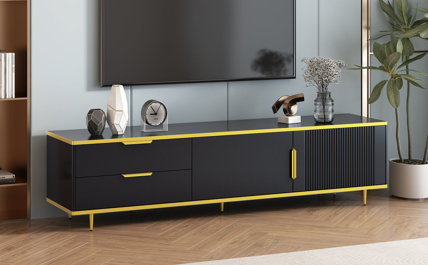 Florian Modern High Gloss TV Stand, Black & Gold