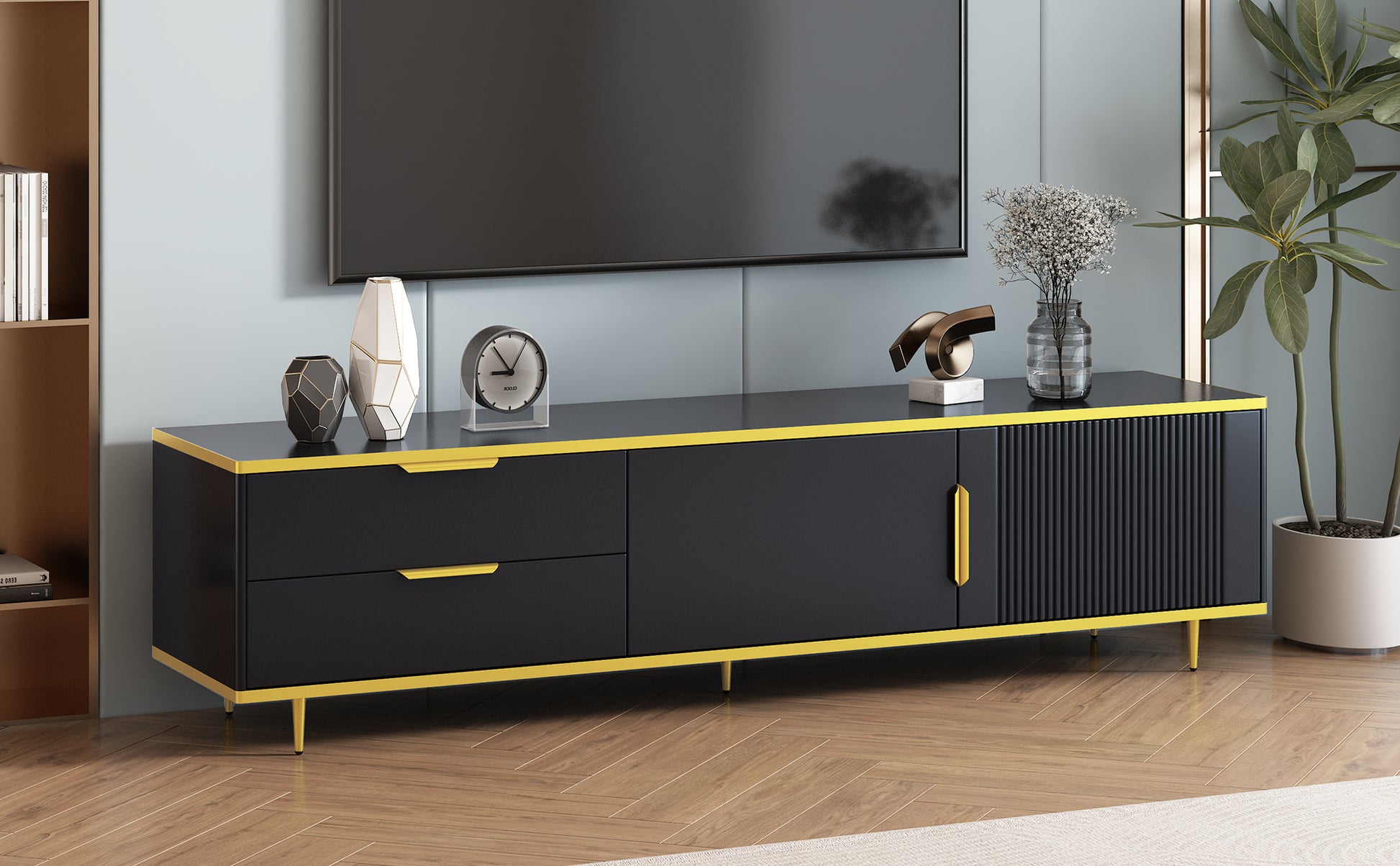 Florian Modern High Gloss TV Stand, Black & Gold