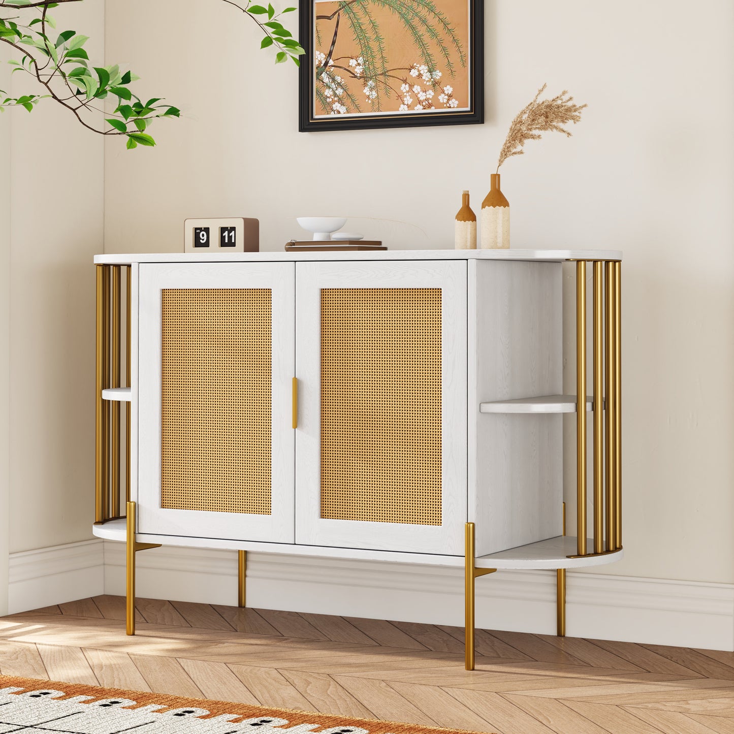 Dinara Elegant Curved Cabinet with Gold Trim & Rattan Doors, White