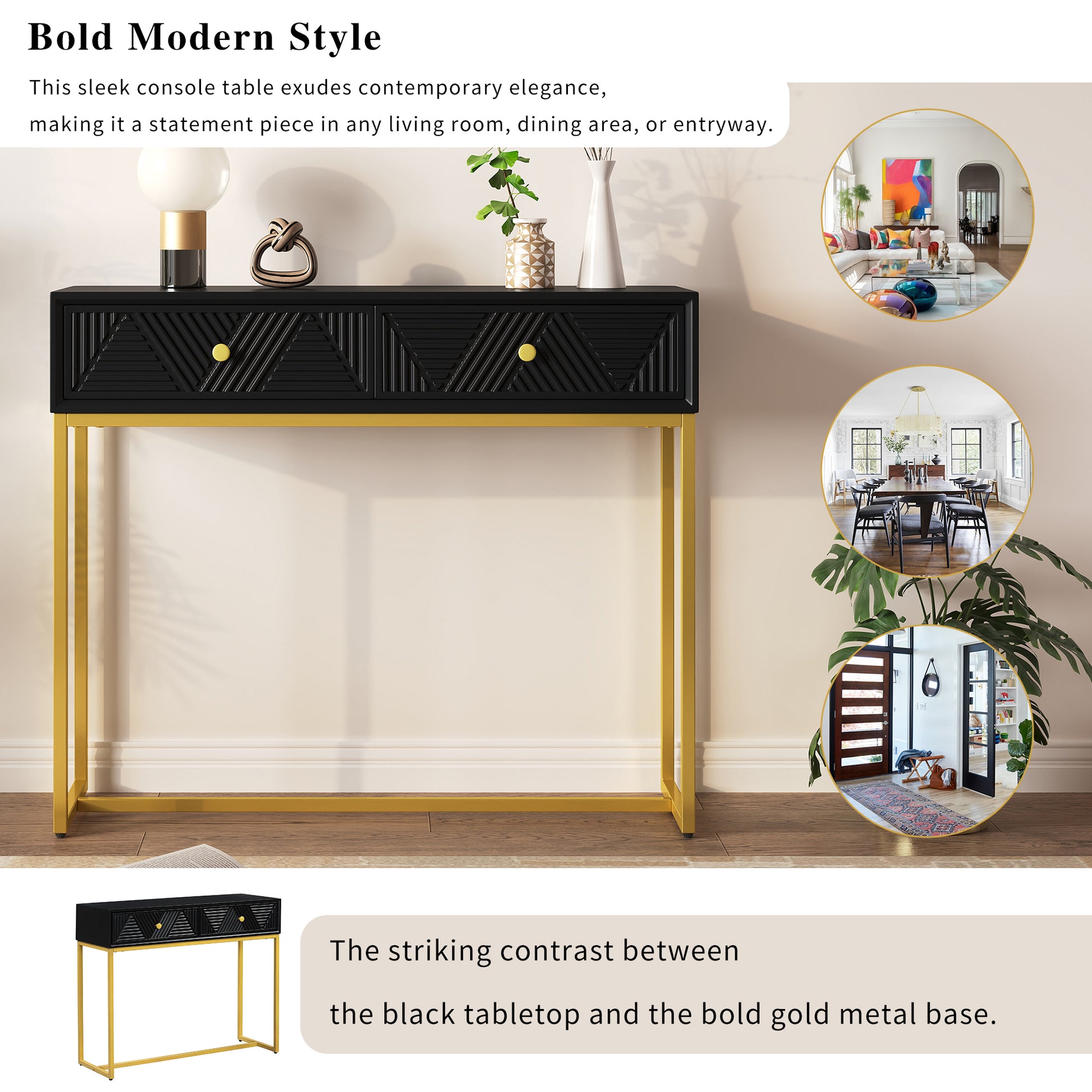 Jessalyn Modern 2-Drawer Console Table with Gold Legs, Black