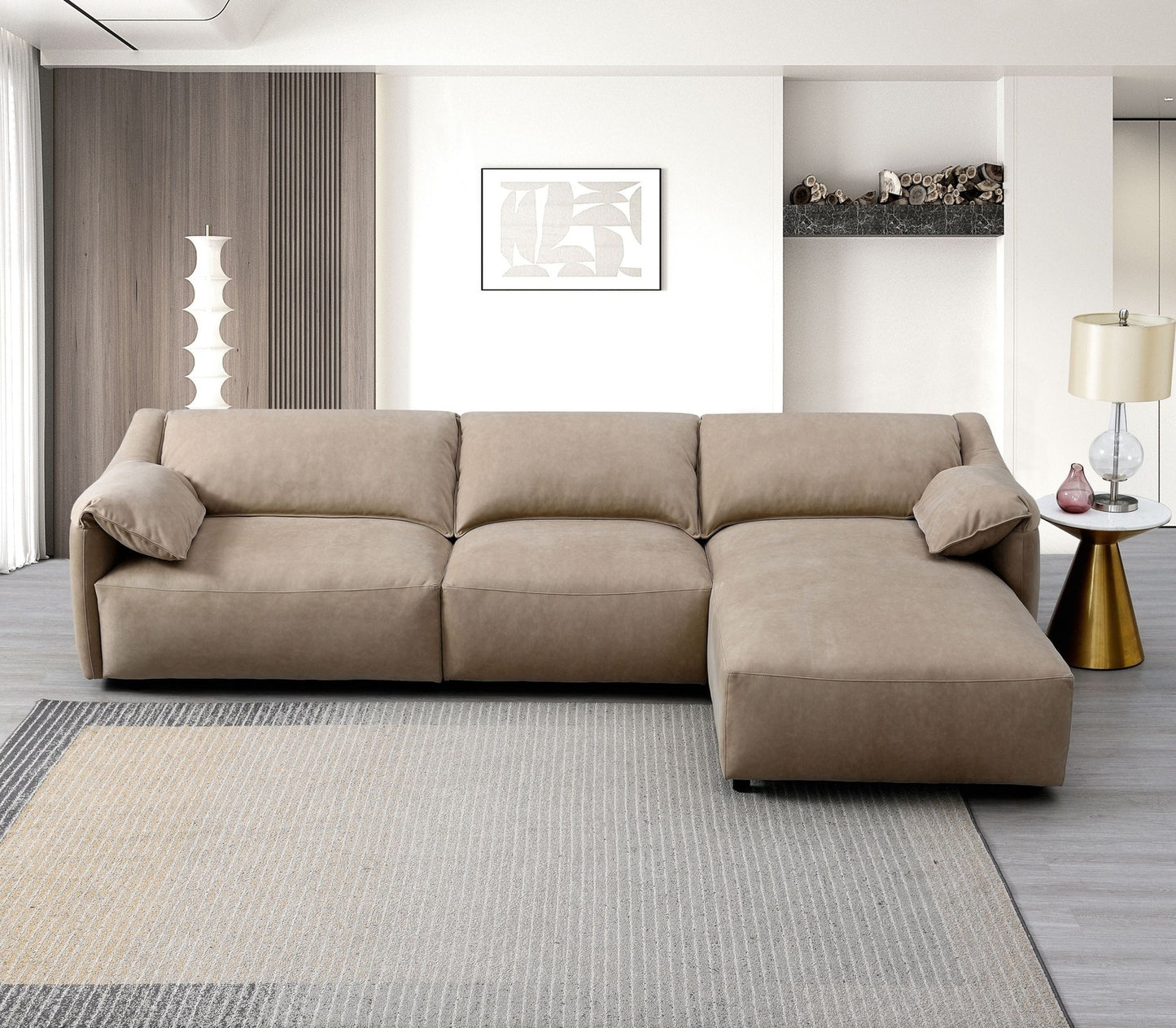 Veata Light Brown Suede Sectional Sofa with Right Hand Facing Chaise