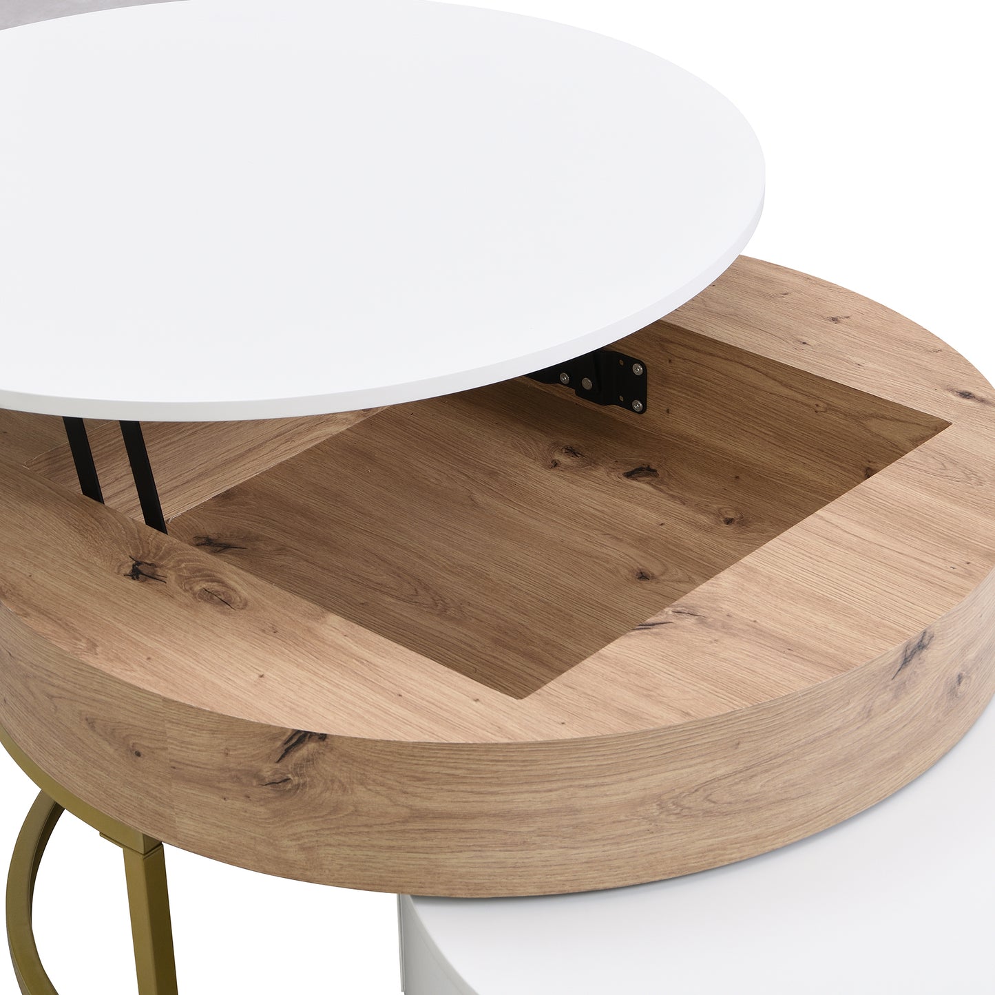 Nerys Modern Round Lift-top Nesting Coffee Tables with 2 Drawers White & Natural