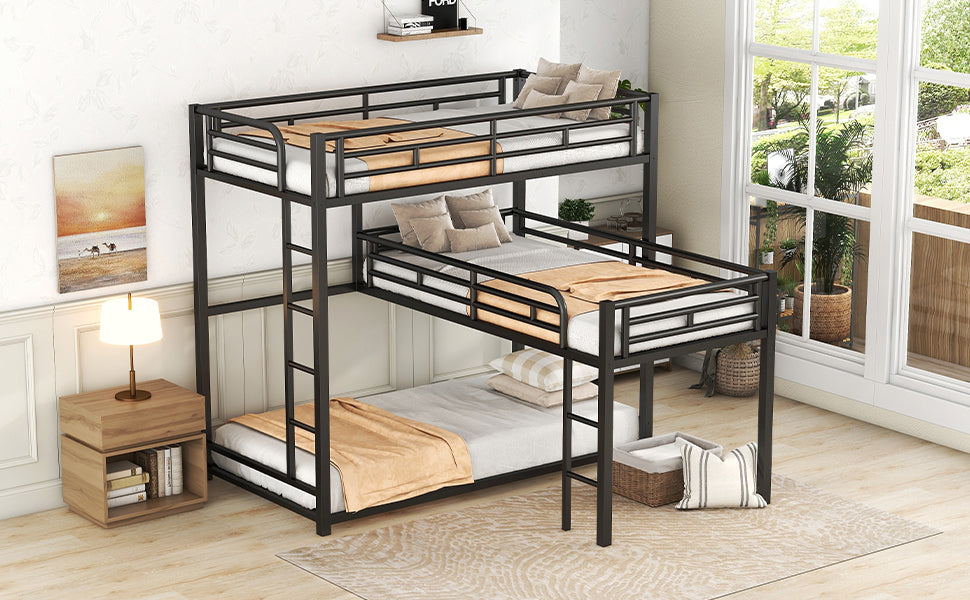 Brooks L-shaped Metal Triple Twin Size Bunk Bed, Black