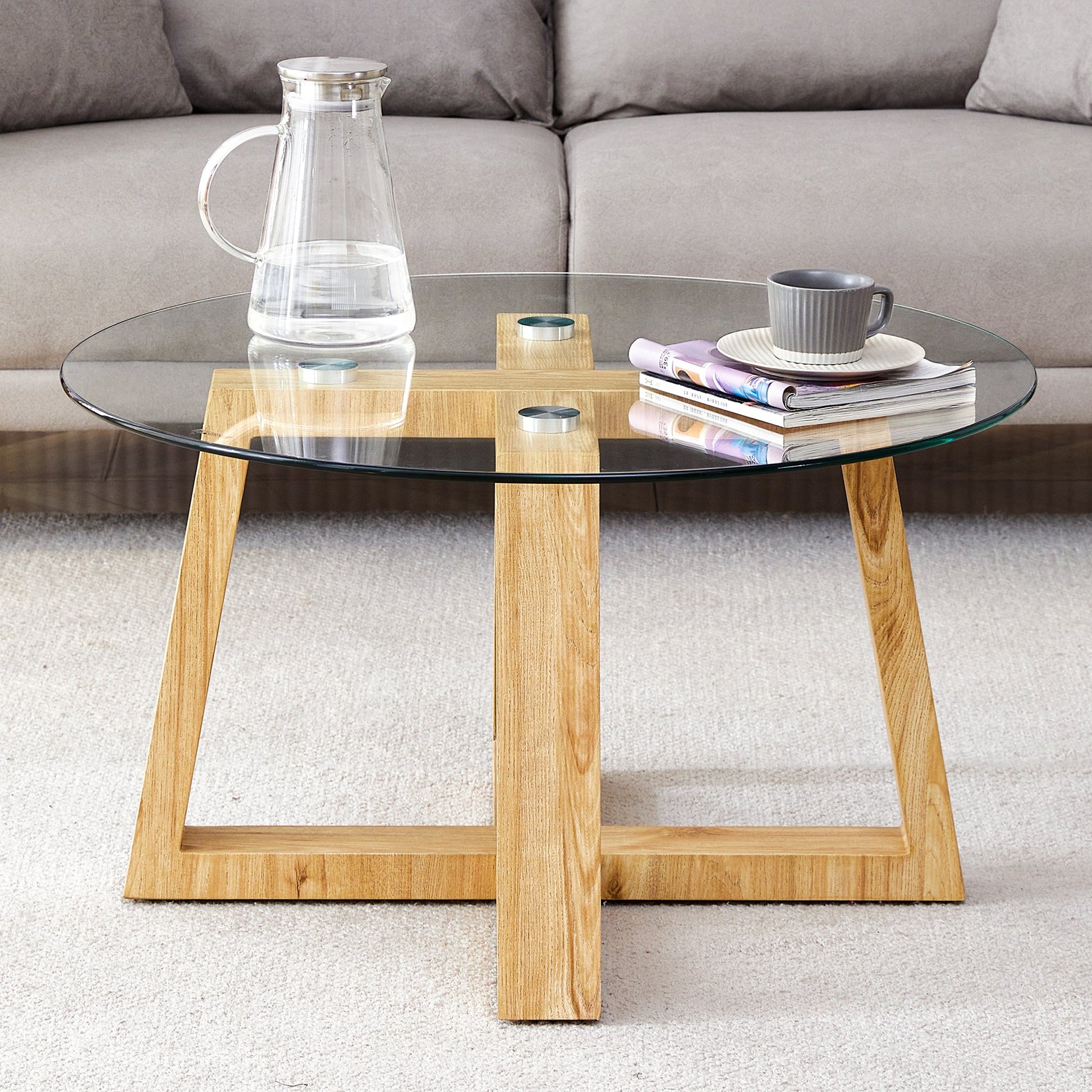 Ashlyn Mid-Century Modern Coffee Table with Glass Top - Brown