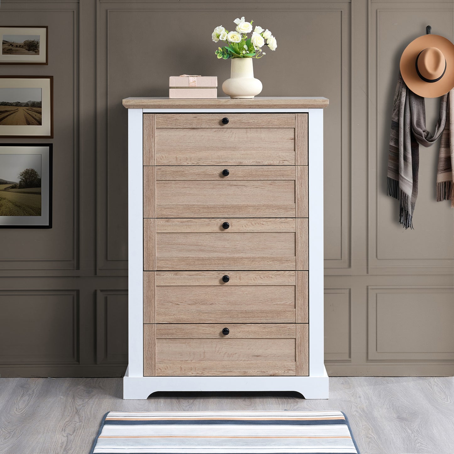 Kinsley Modern 5-Drawer Chest, White & Natural