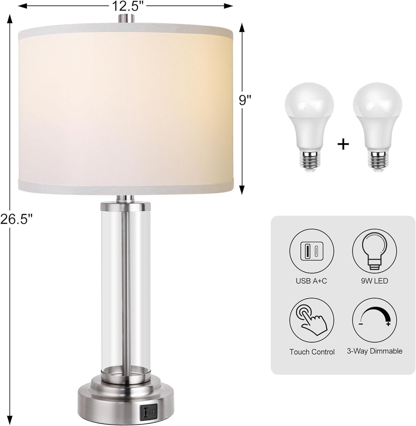 Set of 2 3-Way Dimmable Table Lamps with USB Charging