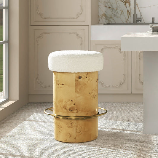 Nebula 26' Backless Round Upholstered Counter Stool with Burl Wood, Ivory White Boucle