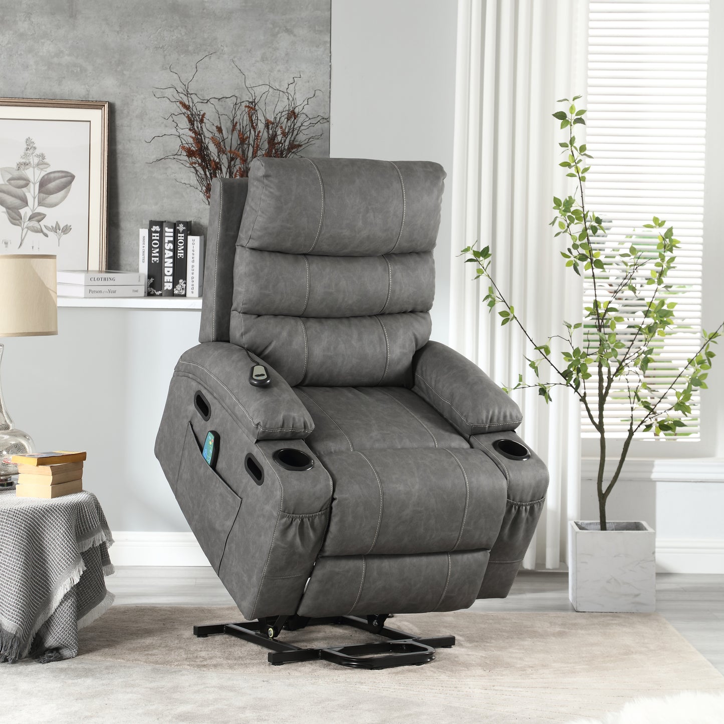 Selini Oversize PU Leather Power Lift Recliner with Massage & Heat, Gray