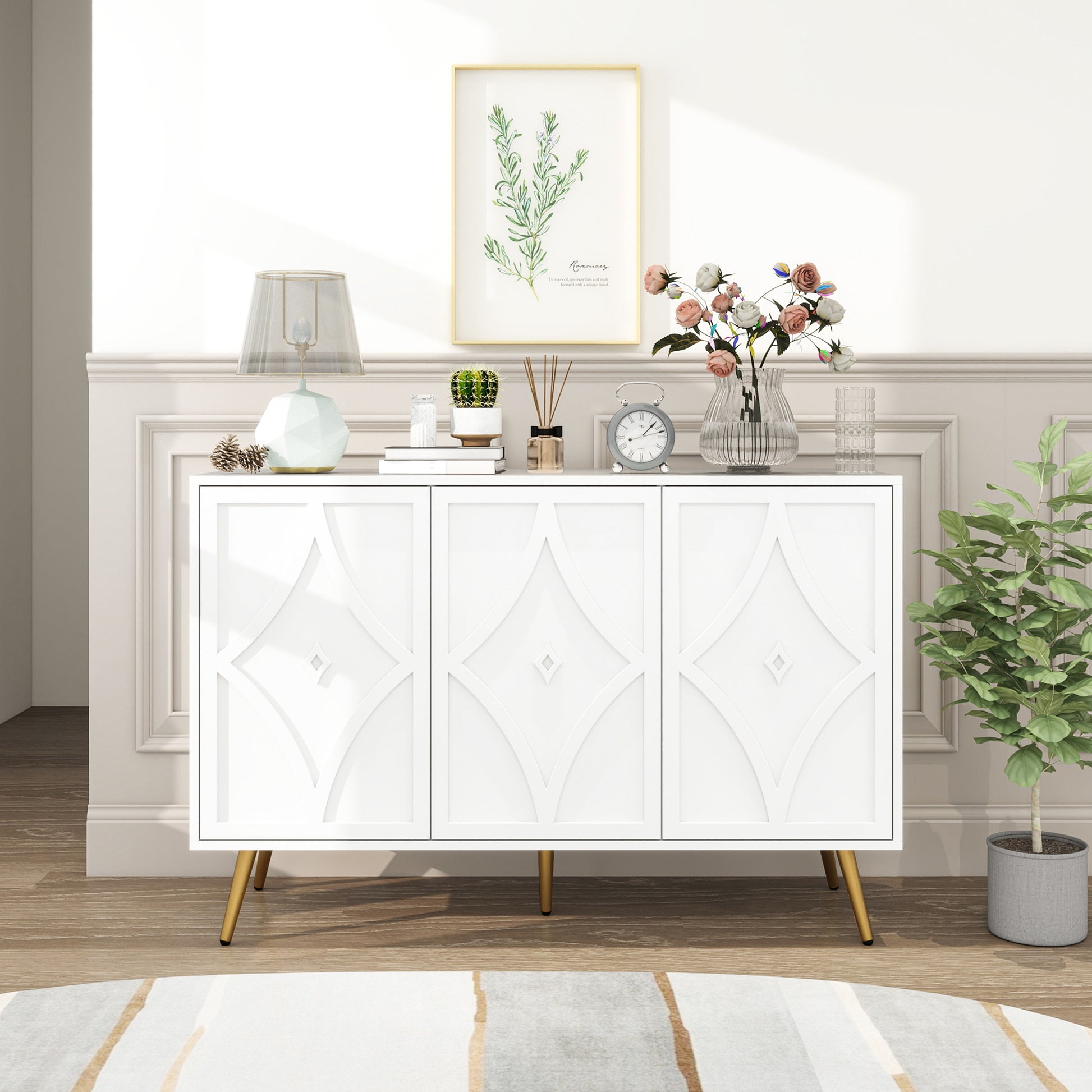 Ellery Diamond Carved Wooden Cabinet with Gold Legs, White