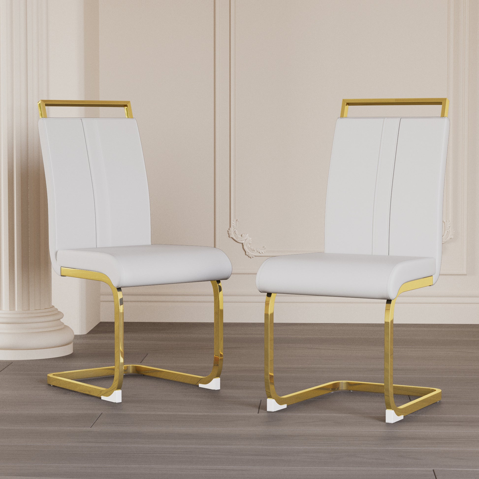 Astrid Modern PU Leather Side Chairs with Gold Legs Set of 2 , White