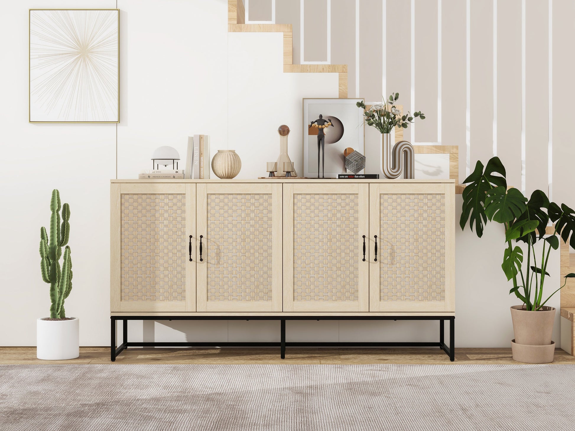 Dorothy 4-Door Cabinet in Natural with Natural Rattan Doors