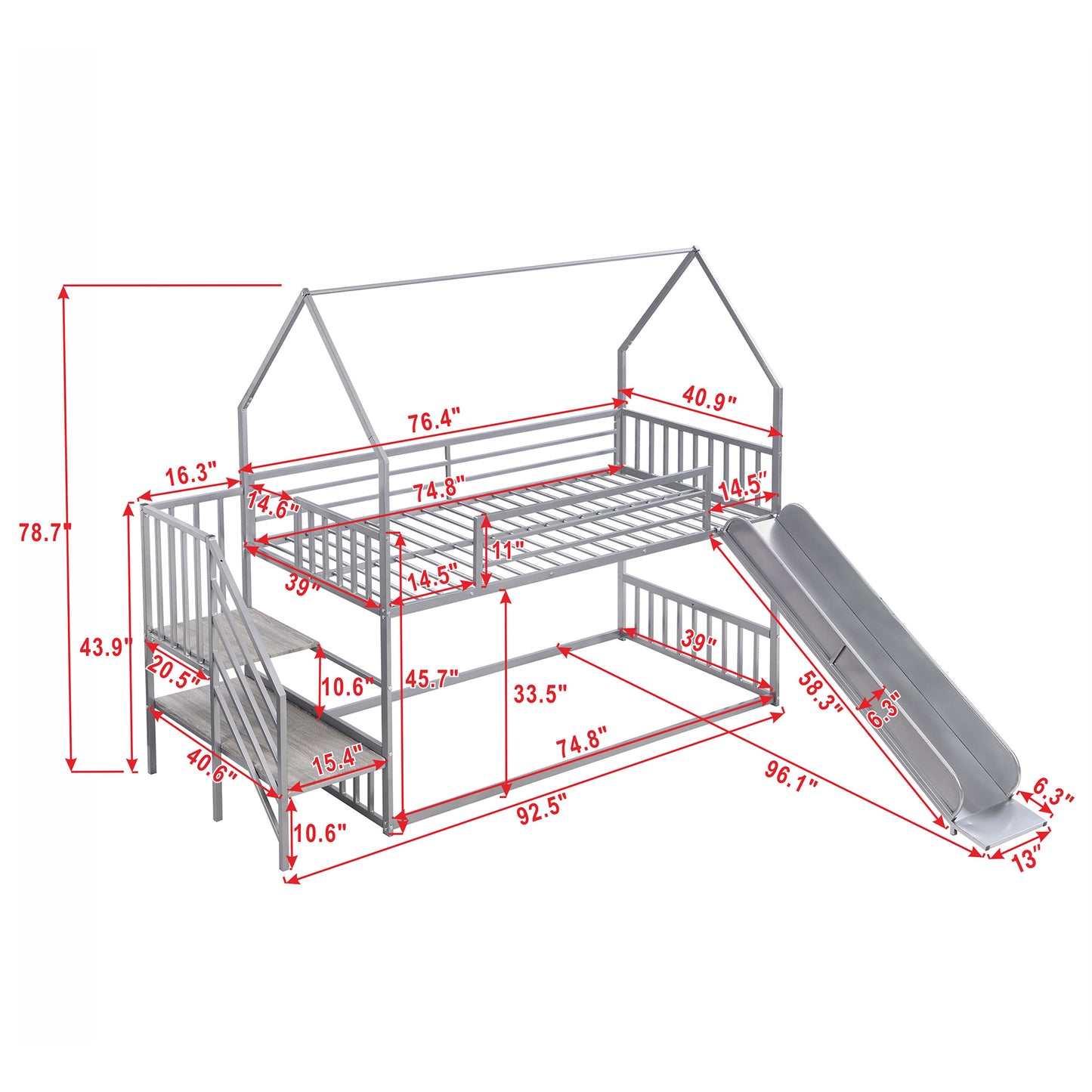 Daniel Twin over Twin Metal Bunk Bed House Bed with Slide and Staircase, Silver