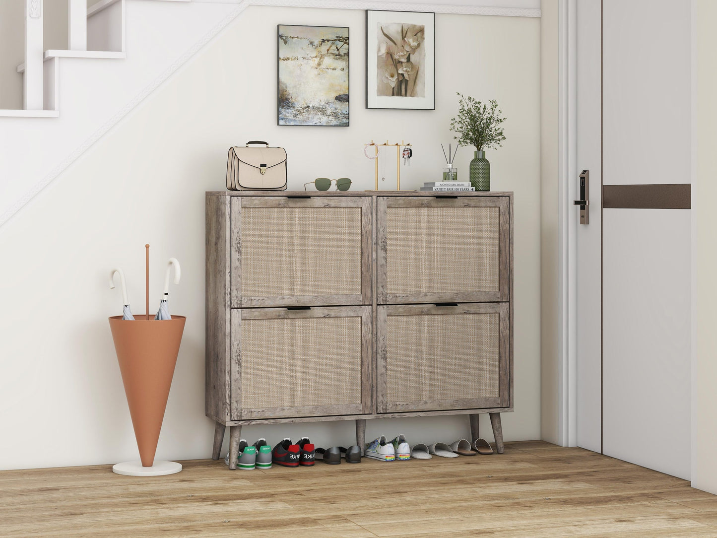 Ione Modern Shoe Cabinet with Engineered Rattan Doors, Gray