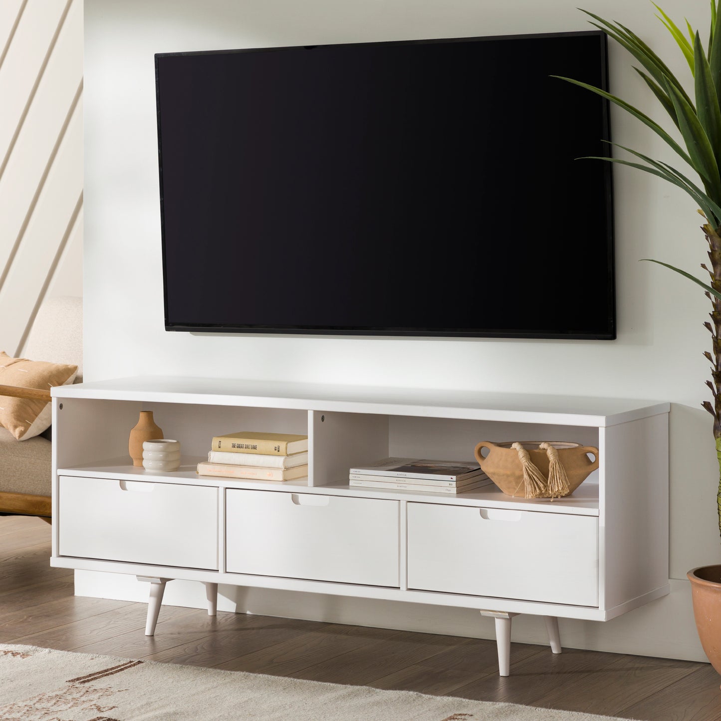 Marsh Mid-Century Modern 3-Drawer Solid Wood TV Stand for TVs up to 65" - White