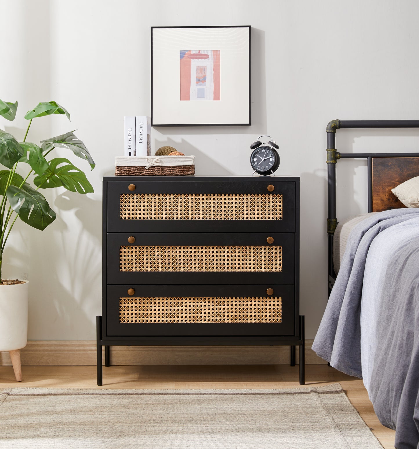 Ingrid Mid-Century Modern Cabinet, Black & Rattan