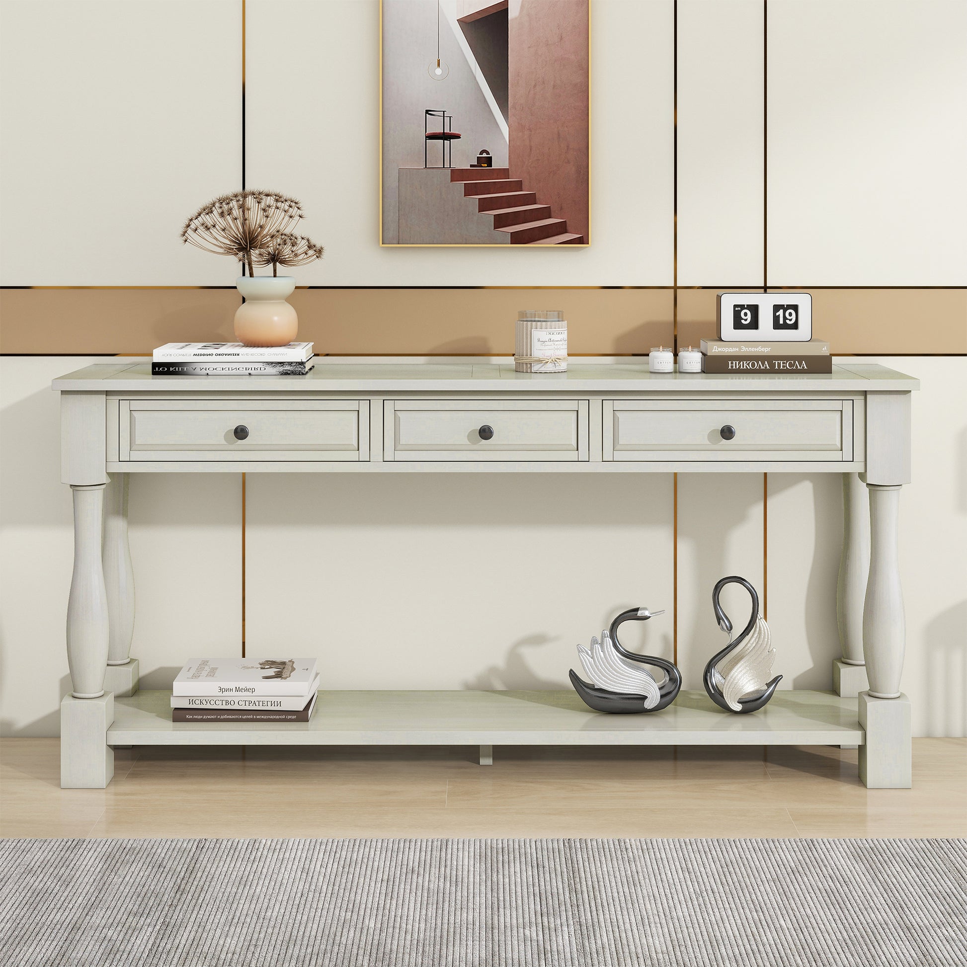 Xyla 63" Traditional 3-Drawer Console Table with Lower Shelf, White