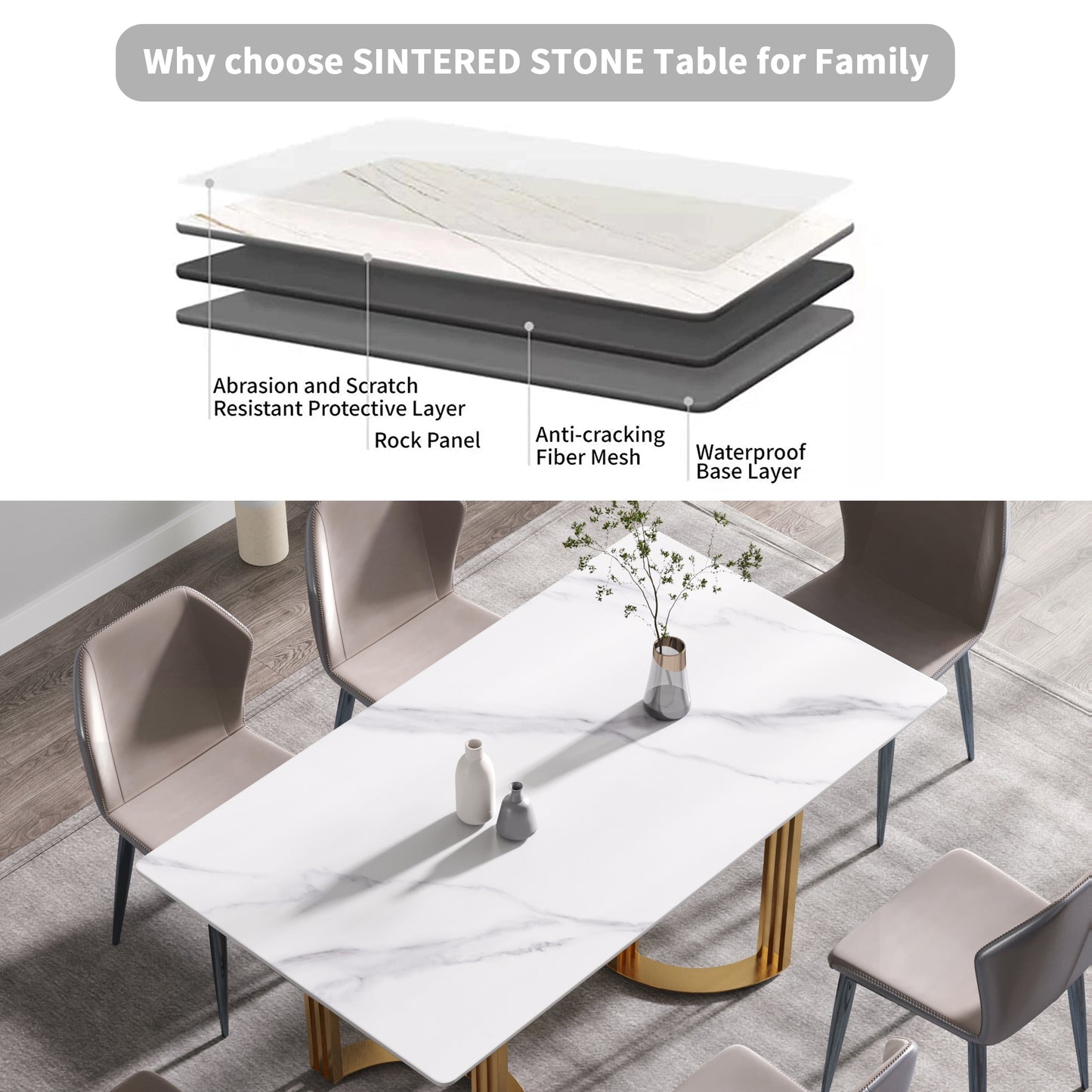 Moto Modern 63" White Sintered Stone Dining Table with Gold Legs