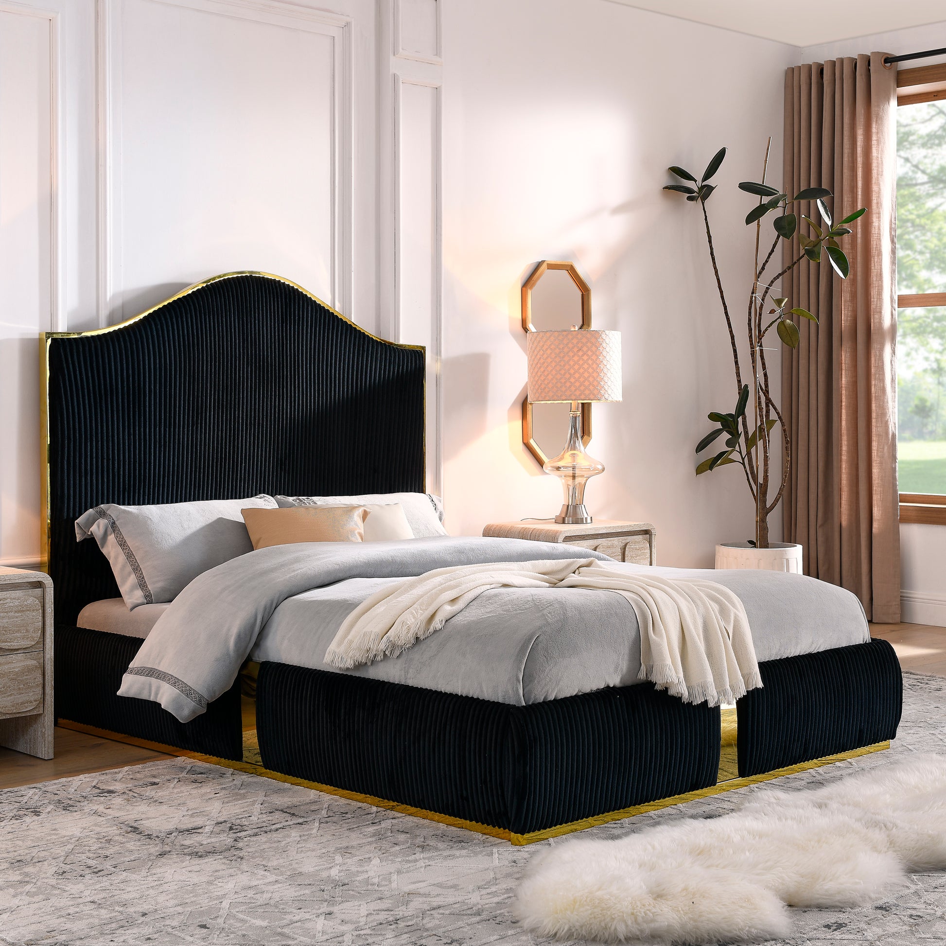 Sloane Contemporary Corduroy Upholstered Platform Bed with Gold Trim, Black