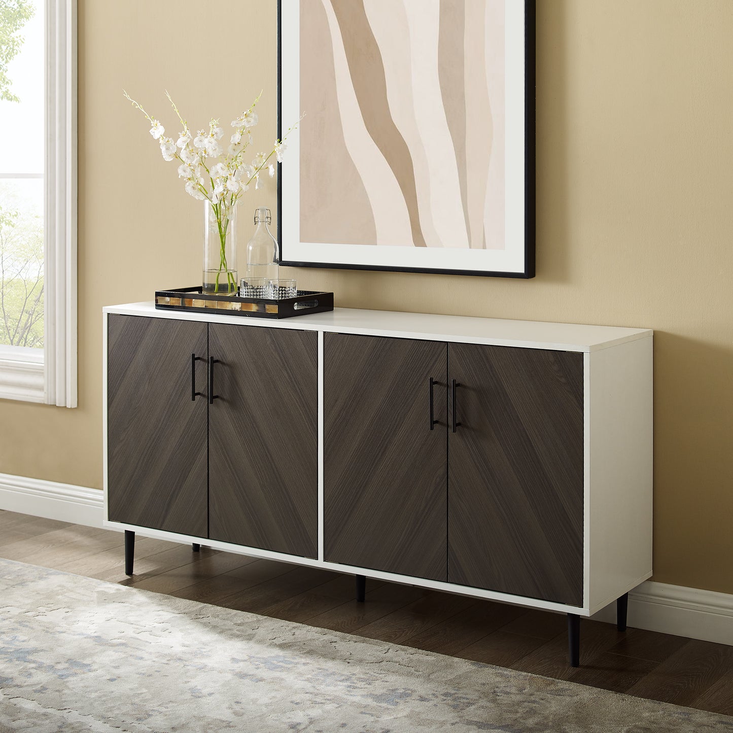 Cassandra Mid-Century Modern Faux-Bookmatch Door Buffet - Ash Brown Bookmatch / Solid White