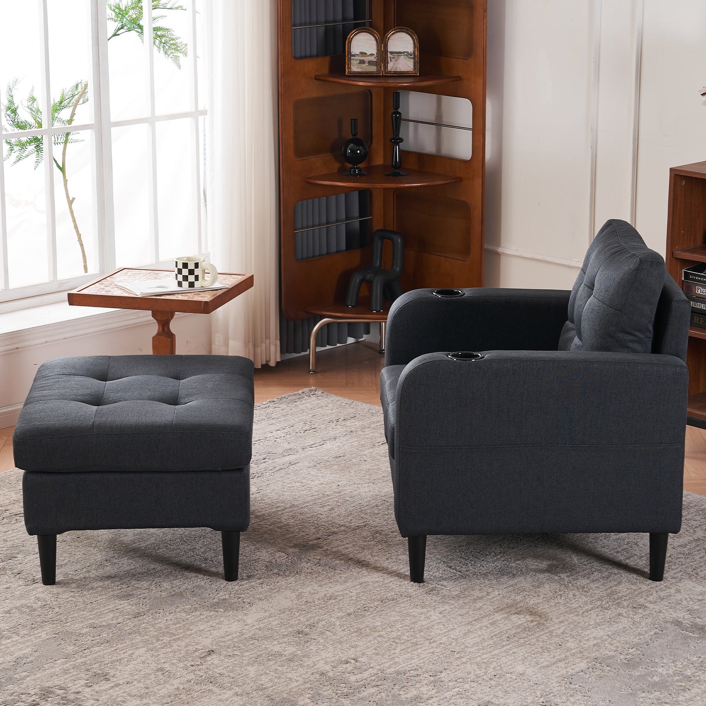 Xanthea Modern Tufted Chair & Storage Ottoman Set, Gray