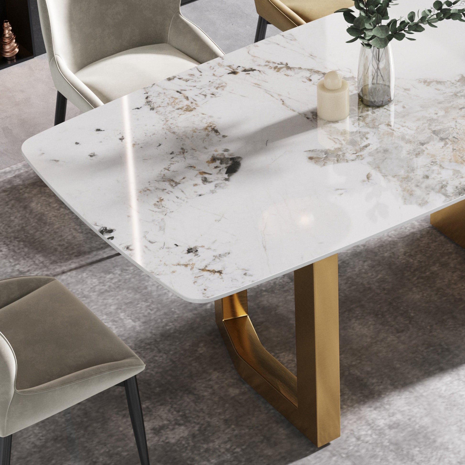 Elara Modern 70.8" Sintered Stone Dining Table, White & Gold