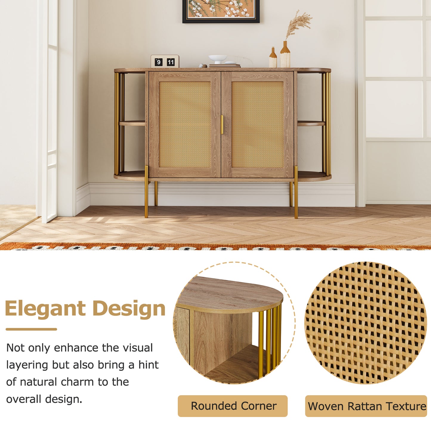 Dinara Elegant Curved Cabinet with Gold Trim & Rattan Doors, Natural